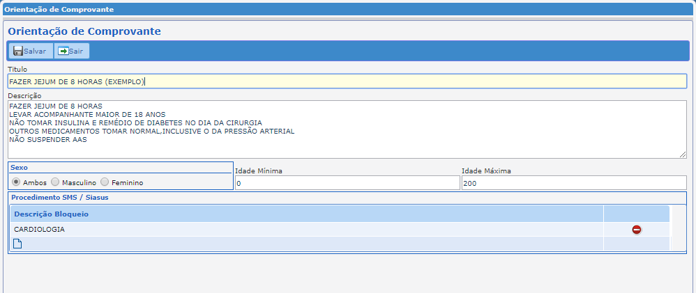 Cadastro de Orientações do Comprovante de Agendamento